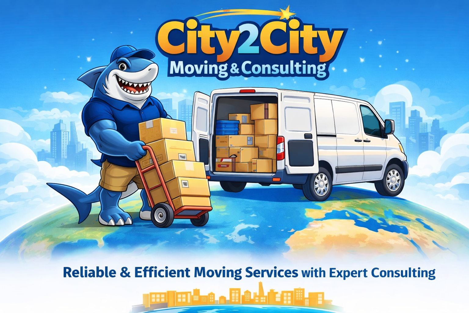 City2City Moving & Consulting — shark mascot loading a cargo van with boxes